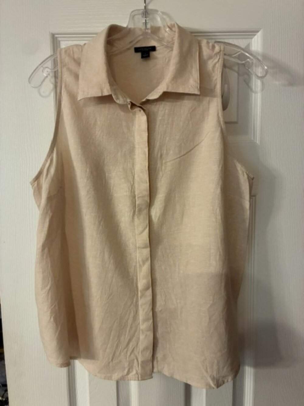 Ann Taylor Factory Women's Tan Linen Sleeveless Button up Collar Top Blouse Sz L